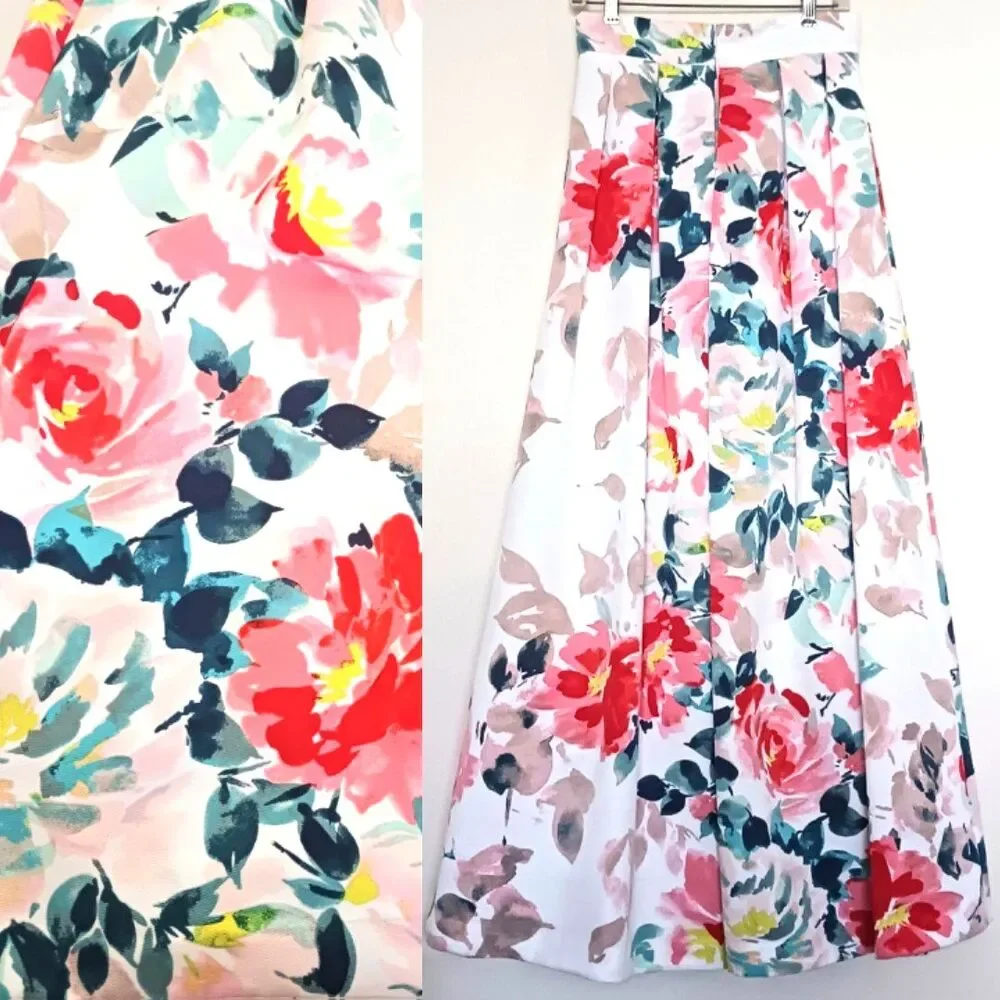 Eliza J Floral Print Pleated Maxi Skirt Ballroom Lined Pockets Sz 6